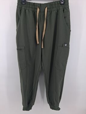 Figs Women Olive Green Cargo Jogger Pants with Tan Drawstring